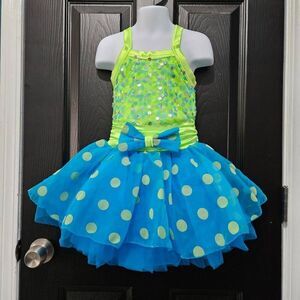 Weissman NWOT child small dance costume jazz tap solo blue green polka dots